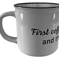 KAFFEEBECHER "First coffee then wine" (weiß) - Pfälzer Freiheit