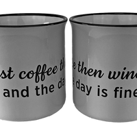 KAFFEEBECHER "First coffee then wine" (weiß) - Pfälzer Freiheit