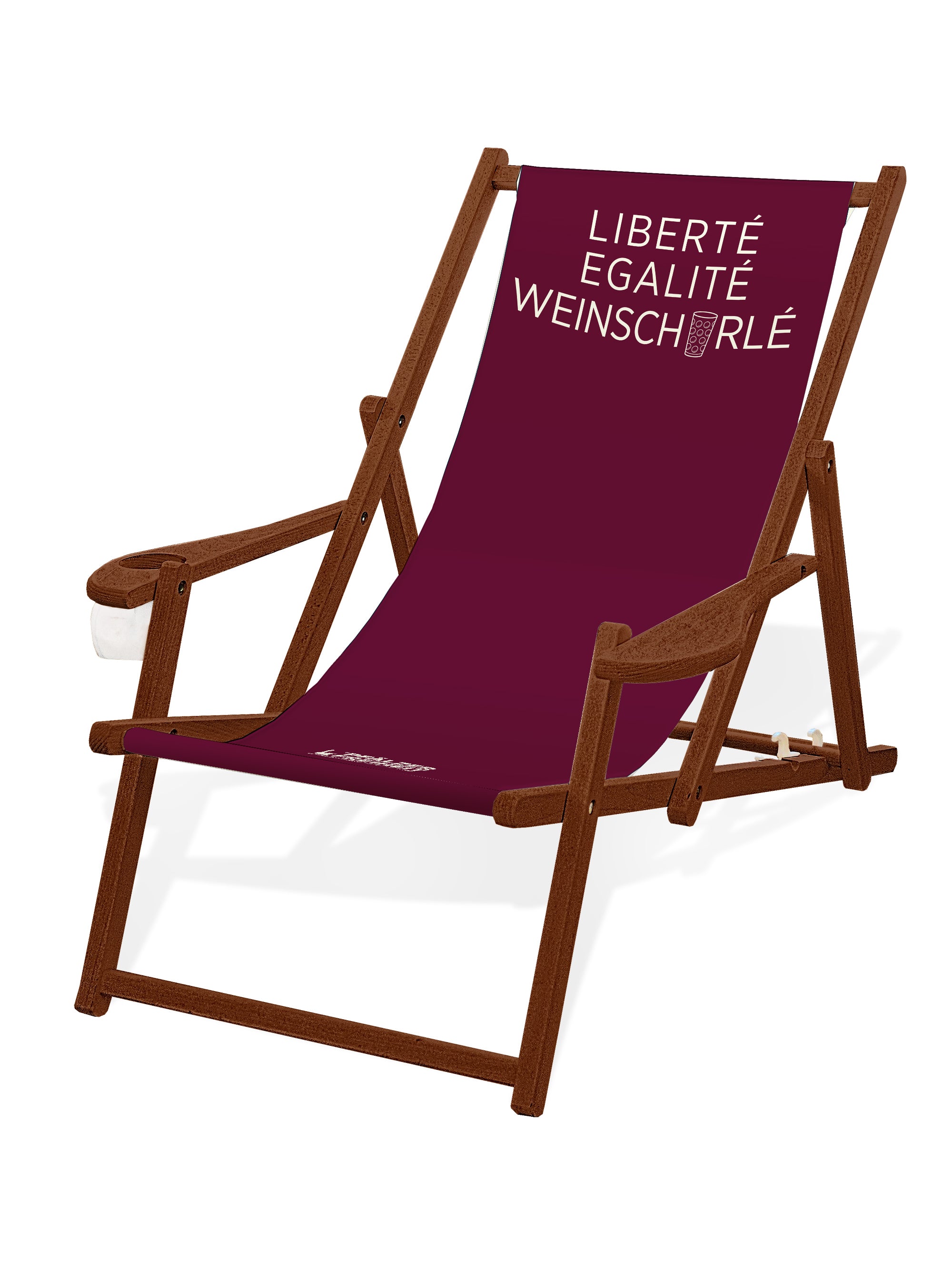 LIEGESTUHL MIT GETRÄNKEHALTER  &quot;Liberté, Egalité, Weinschorlé&quot; - Pfälzer Freiheit