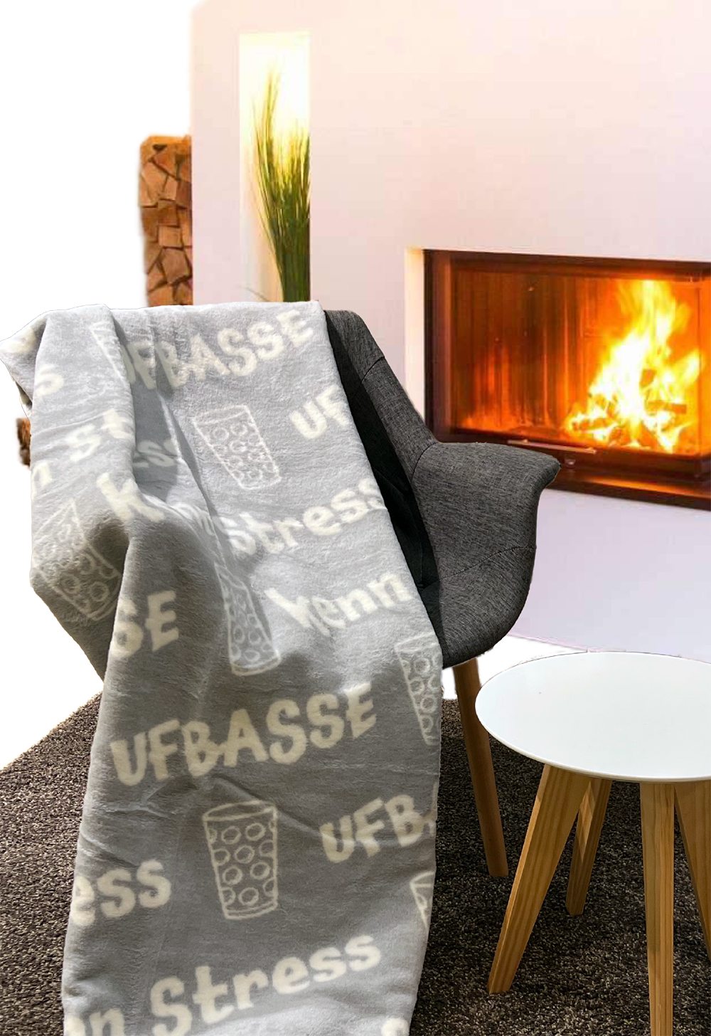 KUSCHELDECKE "Ufbasse/kenn Stress" (mausgrau) - Pfälzer Freiheit