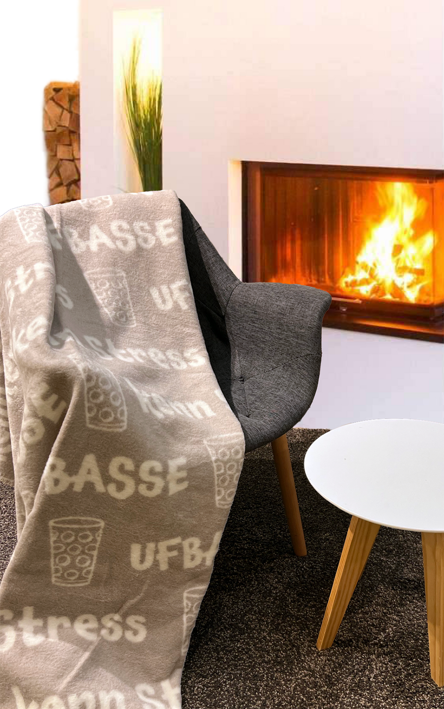 KUSCHELDECKE "Ufbasse/kenn Stress" (taupe) - Pfälzer Freiheit